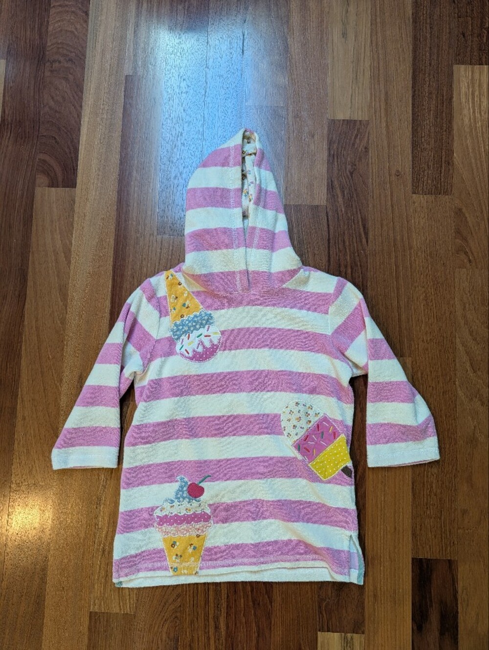 Mini Boden Pink Stripe Ice Cream Applique Terry Hooded Cover-Up EUC Sz 5-6y